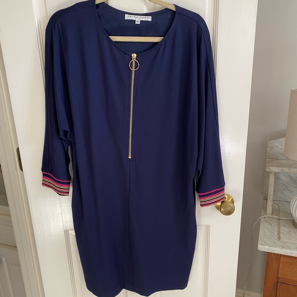 Trina Turk Navy Blue Dress with Gold Zipper